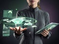 Future Fusion: A Visionary Interaction with Digital Interfaces and Virtual Drones in a Green Lit Environment Royalty Free Stock Photo