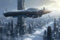 The Future: A Futuristic City With Tall Buildings in the Sky, A giant spacecraft hovering over a snow-covered metropolis, AI Royalty Free Stock Photo