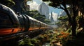 Future futuristic monorail train speeding through park, trees, plants and river