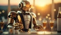 The future of humanity .robot waiter buffet restaurant worker with champagne .Generative AI Royalty Free Stock Photo