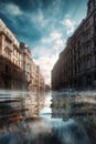 A future without humans, the effects of climate change, flooded city. Generative AI