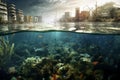 A future without humans, the effects of climate change, flooded city. Generative AI