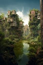 A future without humans, the effects of climate change, flooded city. Generative AI