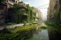 A future without humans, the effects of climate change, flooded city. Generative AI