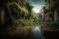 A future without humans, the effects of climate change, flooded city. Generative AI