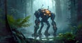 Future illustration of a robot in the dark forest in a very futuristic environment.