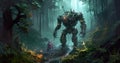 Future illustration of a robot in the dark forest in a very futuristic environment.