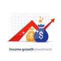 Future investment, time is money, pension fund, superannuation finance, money bags, vector icon