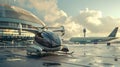 The future of individual aviation: Quadcopter flying taxi parked at the airport at sunset, with airplanes in the Royalty Free Stock Photo