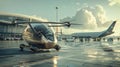 The future of individual aviation: Quadcopter flying taxi parked at the airport at sunset, with airplanes in the Royalty Free Stock Photo