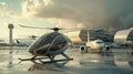 The future of individual aviation: Quadcopter flying taxi parked at the airport at sunset, with airplanes in the Royalty Free Stock Photo