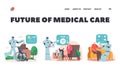 Future of Medical Care for Seniors Landing Page Template. Robots Help Elderly People. Ai Cyborg Walk with Old Man