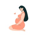 Future mom hugging belly with arms. Happy pregnant woman with tummy, cartoon female character expecting child, maternity