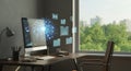 Future office workspace with digital data visualization Royalty Free Stock Photo