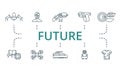 Future outline set. Creative icons: nanobot, cyborg, space tourism, hi-tech weapon, nano contact lenses, cybernetics