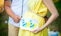 Future parents hold the plate with an inscription near a stomach