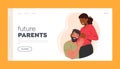 Future Parents Landing Page Template. Happy Couple Waiting Baby. Young Husband Listening Heartbeating In Belly