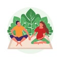 Future parents are sitting on the carpet in nature and holding hands, illustration