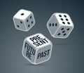 Future past and present dices rolling and choosing vector illustration, concept of living in memories or plans or enjoying life