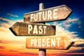 Future, past, present - wooden signpost, roadsign with three arrows Royalty Free Stock Photo