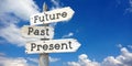 Future, past, present - wooden signpost with three arrows Royalty Free Stock Photo