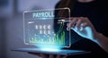 Future of payroll technology displayed on futuristic holographic interface with graphs and data Royalty Free Stock Photo