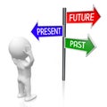 Future, present, past - time concept - signpost with three arrows, cartoon character Royalty Free Stock Photo