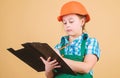 Future profession. Kid builder girl. Build your future yourself. Initiative child girl hard hat builder worker. Child