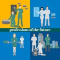 Future professions set. Futuristic occupation. Work in medicine, building, design and robotics. It technology.