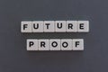 Future proof word made of square letter word on grey background