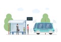 Future public express transport in city vector flat illustration. People at bus station waiting for modern self driving