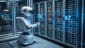 Future-Ready AI Robot Optimizing Server Farm Operations with Holographic Interfaces Royalty Free Stock Photo