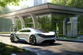 Future refueling: Futuristic car at a gas station of tomorrow