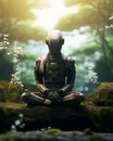 A future samurai robot meditating in a serene futuristic garden