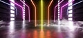 Future Sci Fi Smoke Neon Laser Spaceship Future Dark Corridor Glowing Purple Red Yellow Concrete Grunge Hallway Virtual Reality Royalty Free Stock Photo