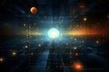 Future scientific and technological background composed of light and luminescent particles and interconnected data streams.