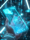Blue Futuristic Smartphone Touchscreen Digital Hologramm virtual reality Royalty Free Stock Photo