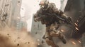 future soldier leaps over debris, digital art illustration, Generative AI
