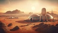 Future space colony built on the surface of the red planet. Scientific exploration of Mars. Dome-shaped bases. Generative AI