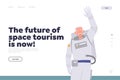 Future of space tourism now concept for landing page with elderly cosmonaut traveler waving hand