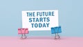 The future starts today - concept of text on business card on pink and blue background