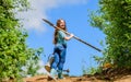 Future success. small girl on rancho. summer farming. farmer small girl. garden tools, shovel and watering can. kid Royalty Free Stock Photo