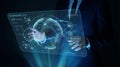 Future technology concept with businessman. Virtual touch screen for cyber security, data analysis and digital network management. Royalty Free Stock Photo