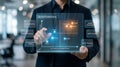 Future technology concept with businessman. Virtual touch screen for cyber security, data analysis and digital network management. Royalty Free Stock Photo