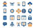 Future Technology Icons Set: Virtual Reality, Drone, 5G, Mobile, Cloud, Gear, AI, Database, Browser, Coding, Lock, Robot, Network Royalty Free Stock Photo