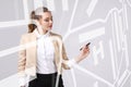 Future technology, navigation, location concept. Woman showing transparent screen with gps navigator map.