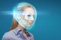 Woman in virtual helmet and goggles over blue