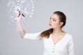 Future technology. Woman working with futuristic interface Royalty Free Stock Photo