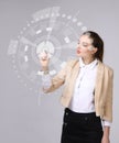 Future technology. Woman working with futuristic interface Royalty Free Stock Photo