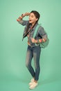 Future is there. Happy kid look ahead blue background. School education. Childhood experience. Casual style. Fashion Royalty Free Stock Photo